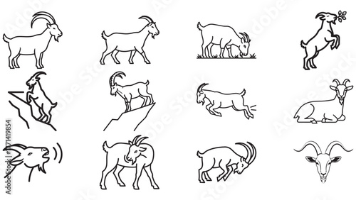 Goat Poses Line Art Pack — Agile Mountain Goats, Kids and Bucks in Black Outline for Dairy Labels, Outdoor Brands, and Rustic Graphics