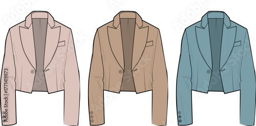 Vector illustrations set of contemporary women's cropped blazers in elegant muted color palettes, featuring versatile fashion apparel for design, style guides, and wardrobe concepts