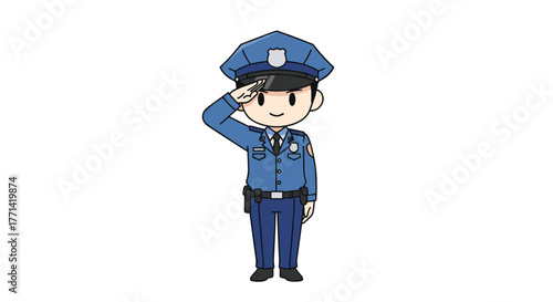 Cartoon police officer saluting in a blue uniform, perfect for educational materials and children's books, a symbol of law enforcement and protection