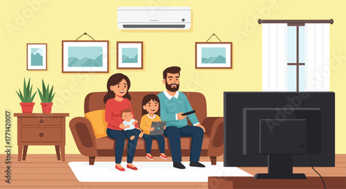 Happy family enjoying quality time together watching TV in their cozy living room, perfect for family entertainment and togetherness promotion