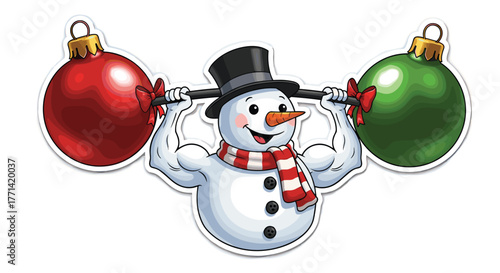 Humorous snowman lifting Christmas ornaments is perfect for holiday promotions or fun winter designs that need a touch of holiday fitness spirit