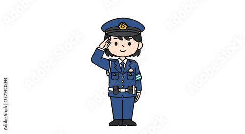 Cute Japanese police officer saluting with a smile illustration for children's books or educational materials about community helpers