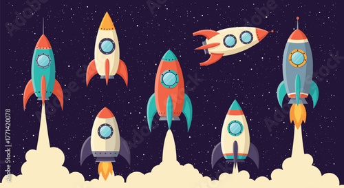 Various colorful cartoon rockets launching from the ground and flying through a dark, star-filled outer space background.