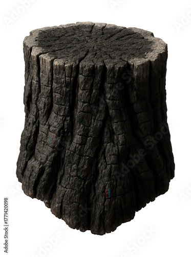 Charred cedar stump with rough, grayish edges.