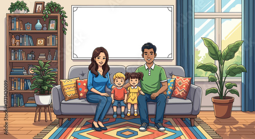 Happy family posing together on sofa in cozy living room, perfect for lifestyle blogs and family-focused advertising campaigns with blank frame