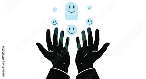 Hands juggling happy emojis, symbolizing managing emotions and positive thinking.