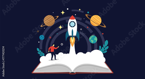 An open book becomes a launchpad for a rocket soaring into a starry cosmic space, symbolizing knowledge and the power of imagination leading to exploration and discovery.