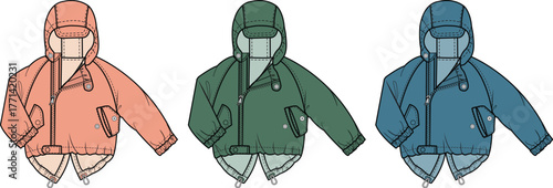 Kids' hooded windbreaker jacket fashion flat sketch. Vector apparel design template with color variations