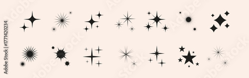 Set of icon blinking glitter sparkle, star and sun shapes. Abstract vector glow, explosion and blink effects for celebrate party design. Twinkle flash graphic elements. Isolated illustrations.