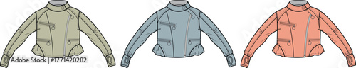 Set of fashion technical flat sketches showing a women's high-neck zippered jacket in various colorways for apparel design
