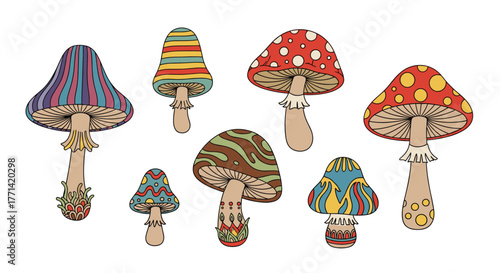A vibrant and fantastical collection of retro psychedelic mushrooms with diverse patterns, perfect for whimsical design projects.