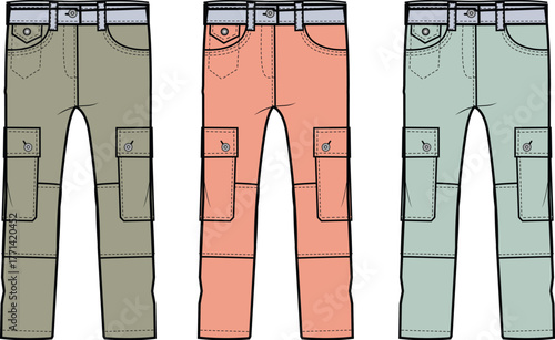 Three pairs of cargo pants in different colors olive green, coral pink, and light green, showcasing design details and pocket placement