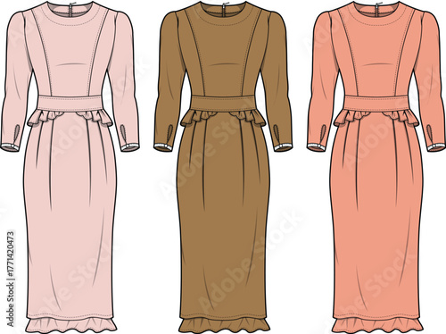 Vector template of a long sleeve midi dress with peplum waist and ruffle details. Set of fashion flat technical sketches in different colors for apparel design
