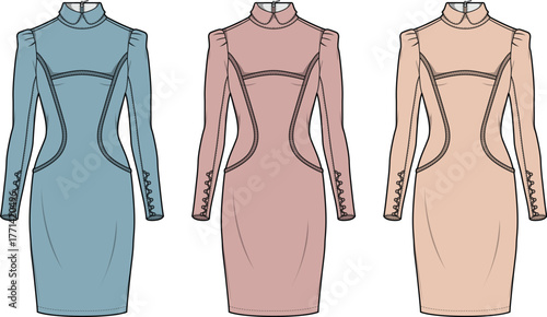 Elegant Women's Dress Design Variations with Unique Accent Panels