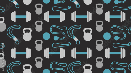 A seamless pattern of dumbbells kettlebells and jump ropes on a dark gray background design element