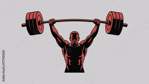 A muscular man lifting a barbell overhead with both arms in a weightlifting pose on a gray background