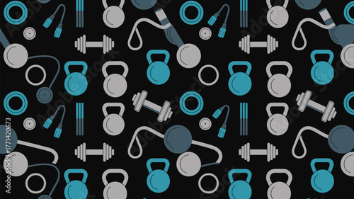 A seamless pattern featuring fitness equipment such as dumbbells kettlebells and jump ropes on black background