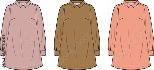 Vector Flat Sketch Of Three Long Sleeve Collared Shirts In Different Colors