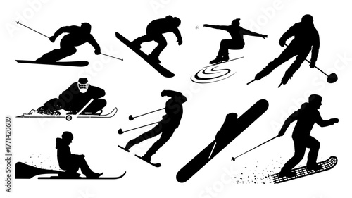Dynamic silhouettes of skiers and snowboarders in action, capturing the thrill of winter sports on the slopes, these vector graphics offer a versatile design element