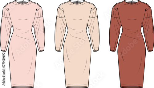 Flat sketch illustration of three comfortable long-sleeve midi dresses in a stylish palette of blush, beige, and terracotta, ideal for versatile women's apparel design concepts