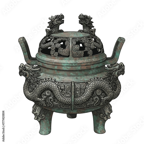 historical Chinese artifact with dragon reliefs and aged bronze finish
