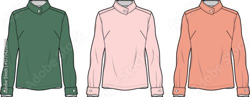 Vector fashion illustration set of women's long-sleeved blouses. Features green, pink, and orange variations, offering a versatile apparel design template for style presentations