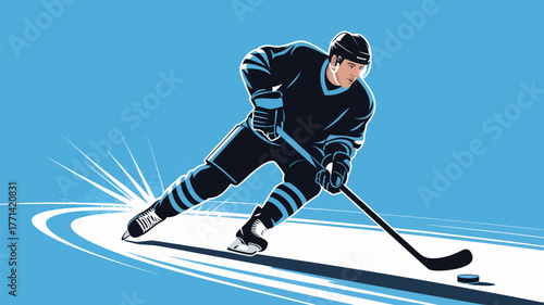 A hockey player in dark blue uniform skating with a puck on a light blue background illustration