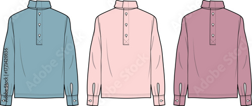 Three long-sleeve polo shirt technical sketches in pastel blue, pink, and rose for menswear design. Detailed garment flat drawing for apparel development