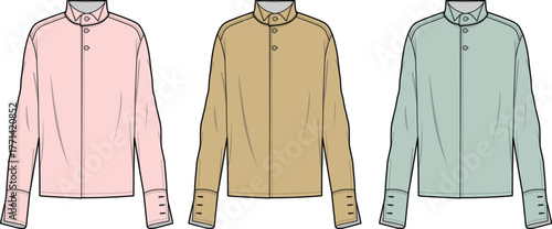 Three stylish, long-sleeved shirts in pink, tan, and light blue, featuring a band collar and buttoned cuffs for a modern look