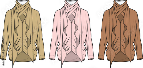 Fashion flat sketches of a women's stylish draped open-front long-sleeve cardigan with pocket details, displayed in three color variations for apparel design concepts