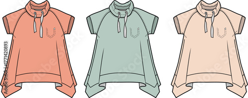 Women's short-sleeve tops technical flat illustrations. Designs feature drawstring collars, relaxed fit, and asymmetrical hems in pastel colors for apparel templates
