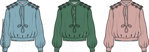 Romantic long-sleeved blouson with a high tie-neck and vintage-style bishop sleeves. A set of fashion flat technical sketches in three colorways