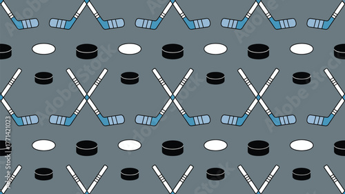 A repeating pattern of hockey sticks and pucks on a gray background sports themed design artwork illustration