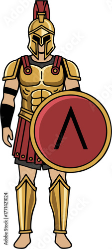 Full Body Spartan Warrior Vector Illustration – Golden Hoplite Armor, Helmet, and Red Lambda Shield Cartoon