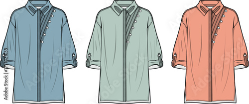Fashion flat sketches of women's long-sleeve blouses with asymmetrical button-up and rolled sleeves. Three variations in blue, green, and peach for apparel design concepts