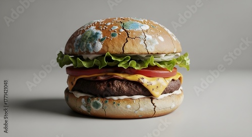 Moldy Cheeseburger on Gray Background - Food Spoilage Concept
