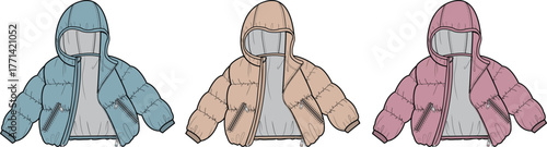 Fashion design technical flat sketch of a kid's quilted puffer jacket with hood, shown in multiple colorways for apparel concepts
