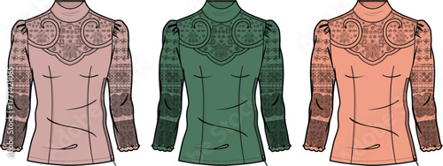 Elegant women's high-neck blouse designs with intricate lace and delicate puff sleeves, showcasing versatile color options for modern fashion apparel and textile projects