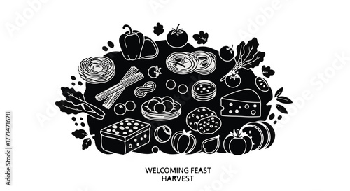 Abundant harvest feast with fresh vegetables and cheese presented on a dark background