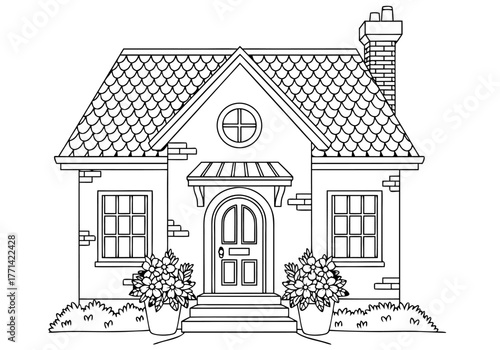 A Detailed Black and White Illustration of a Charming House with Potted Plants and a Chimney, Perfect for Design Projects