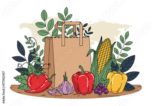 Healthy organic food in paper bag with fresh vegetables and fruits illustration