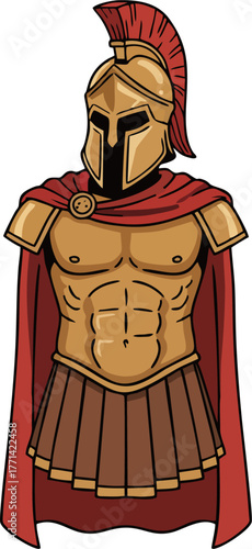 Spartan Warrior in Gold Armor with Red Cape Vector Illustration – Ancient Greek Helmet Crest
