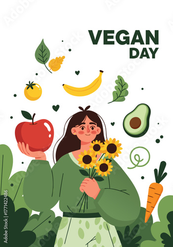 Happy Vegan Day celebration with fresh fruits and vegetables illustration for a healthy lifestyle and diet