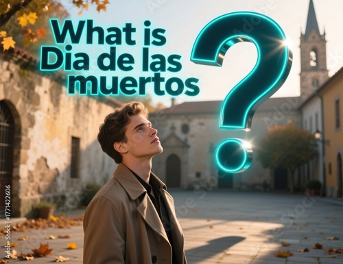Young man in a trench coat gazes upward in a sunlit courtyard as glowing text asks what is Dia de las muertos next to a bright teal question mark