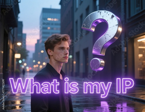 Young man on a rainy urban street at twilight with glowing purple text asking what is my IP beside a metallic question mark