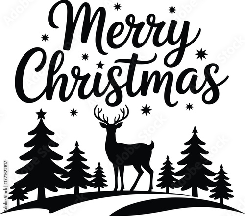Vector Illustration of Merry Christmas Text with Deer, Snowflakes, and Pine Trees on Snowy Hill ? Holiday Greeting Design for Winter, Celebration, and Seasonal Decor
