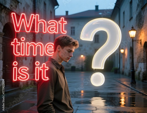 Man in a brown shirt walks down a wet cobblestone street as red neon text asks what time is it beside a large glowing white question mark