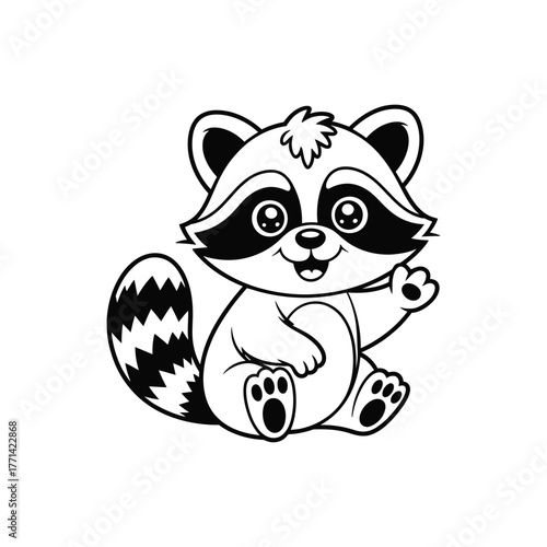 Cute Raccoon Cartoon Vector, Kawaii Baby Animal Mascot Line Art, Sitting Woodland Critter with OK Gesture, Coloring Page Illustration Isolated on White