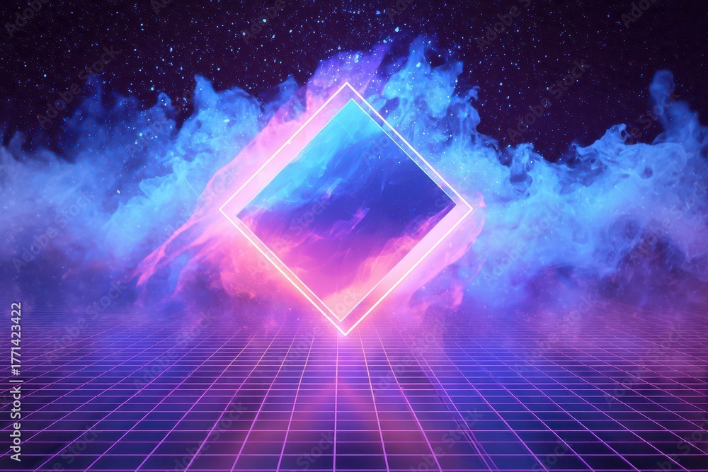 Naklejka premium Synthwave Smoke. Glitch Rhombus Emitting Smoke in Neon Blue and Pink Space