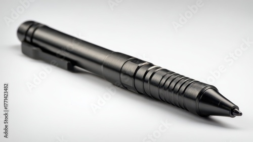 Tactical Pen. Black Aluminum Self-Defense Ink Pen for Military Use on White Background